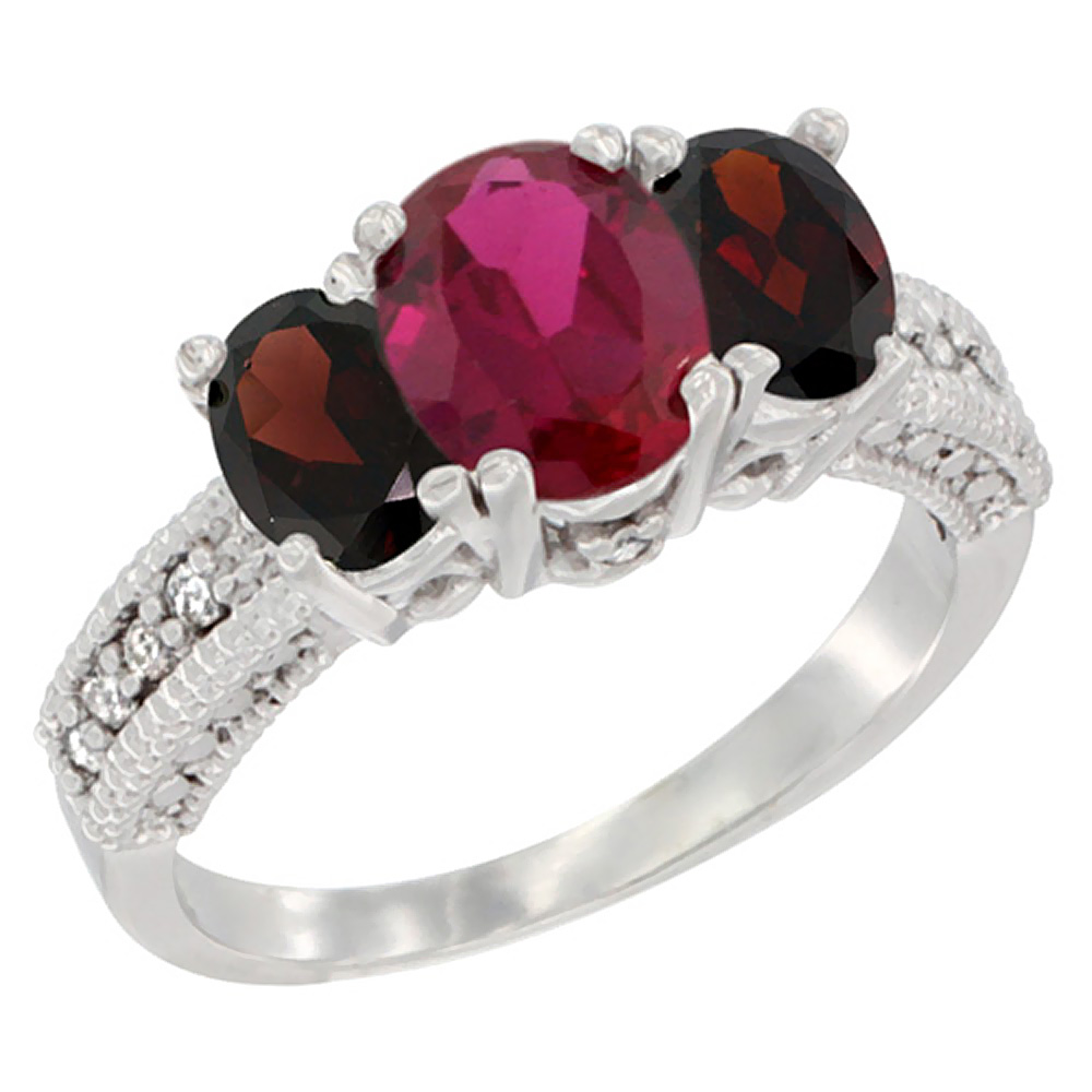 14K White Gold Diamond Quality Ruby 7x5mm & 6x4mm Garnet Oval 3-stone Mothers Ring,size 5 - 10