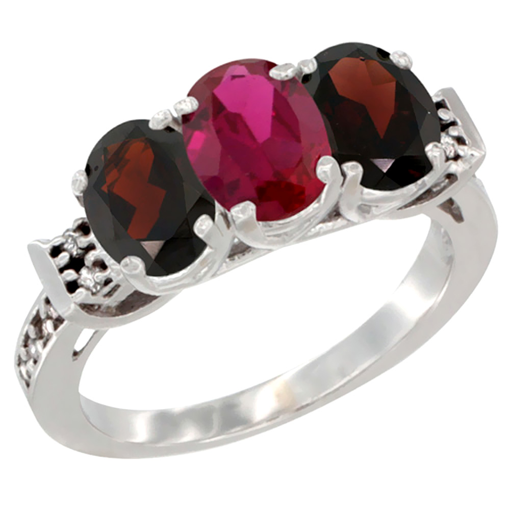 14K White Gold Enhanced Ruby &amp; Natural Garnet Sides Ring 3-Stone 7x5 mm Oval Diamond Accent, sizes 5 - 10