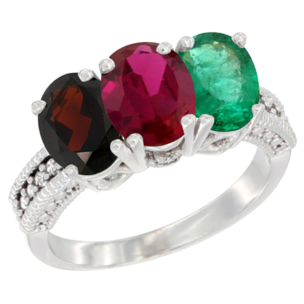 14K White Gold Natural Garnet, Enhanced Ruby & Natural Emerald Ring 3-Stone 7x5 mm Oval Diamond Accent, sizes 5 - 10