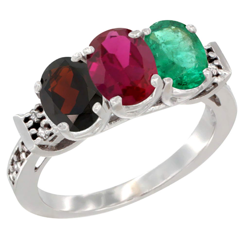 10K White Gold Natural Garnet, Enhanced Ruby & Natural Emerald Ring 3-Stone Oval 7x5 mm Diamond Accent, sizes 5 - 10