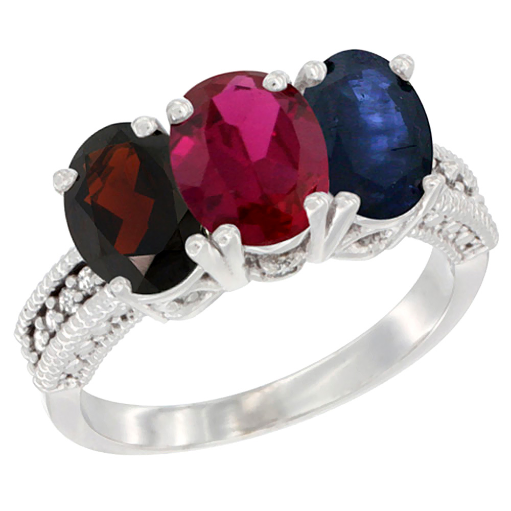 14K White Gold Natural Garnet, Enhanced Ruby &amp; Natural Blue Sapphire Ring 3-Stone 7x5 mm Oval Diamond Accent, sizes 5 - 10