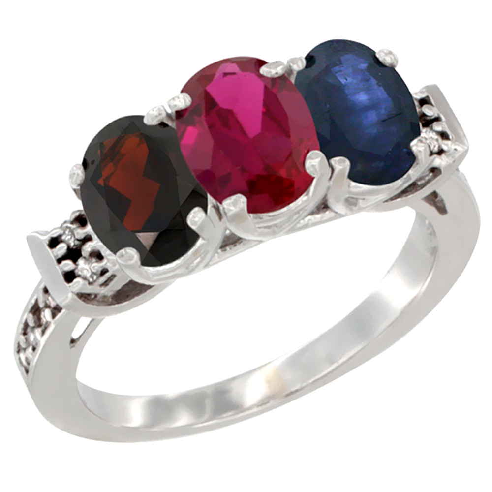 14K White Gold Natural Garnet, Enhanced Ruby & Natural Blue Sapphire Ring 3-Stone 7x5 mm Oval Diamond Accent, sizes 5 - 10