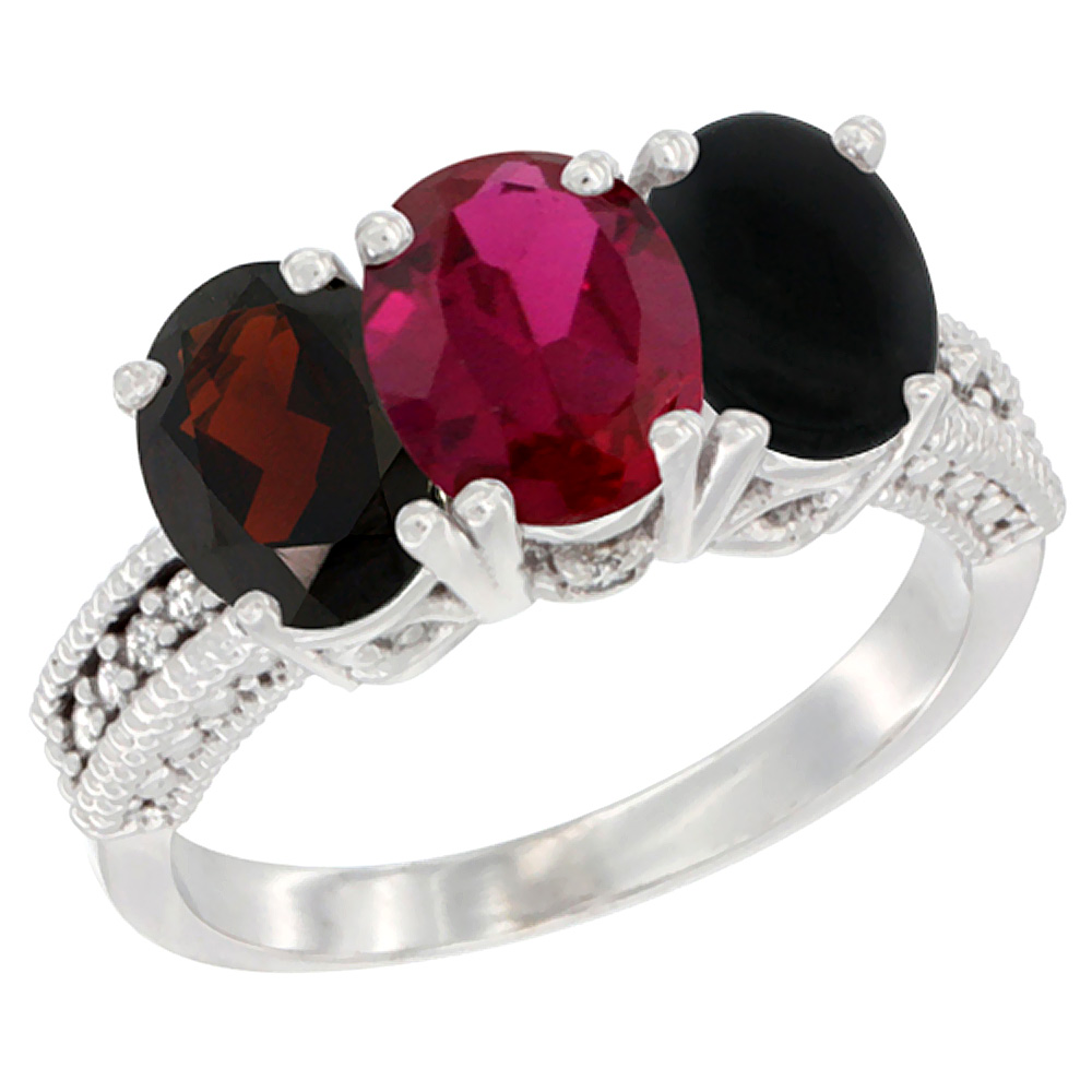 14K White Gold Natural Garnet, Enhanced Ruby & Natural Black Onyx Ring 3-Stone 7x5 mm Oval Diamond Accent, sizes 5 - 10