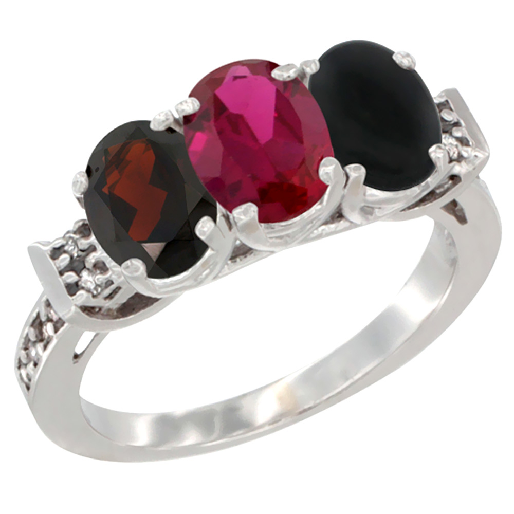 10K White Gold Natural Garnet, Enhanced Ruby & Natural Black Onyx Ring 3-Stone Oval 7x5 mm Diamond Accent, sizes 5 - 10