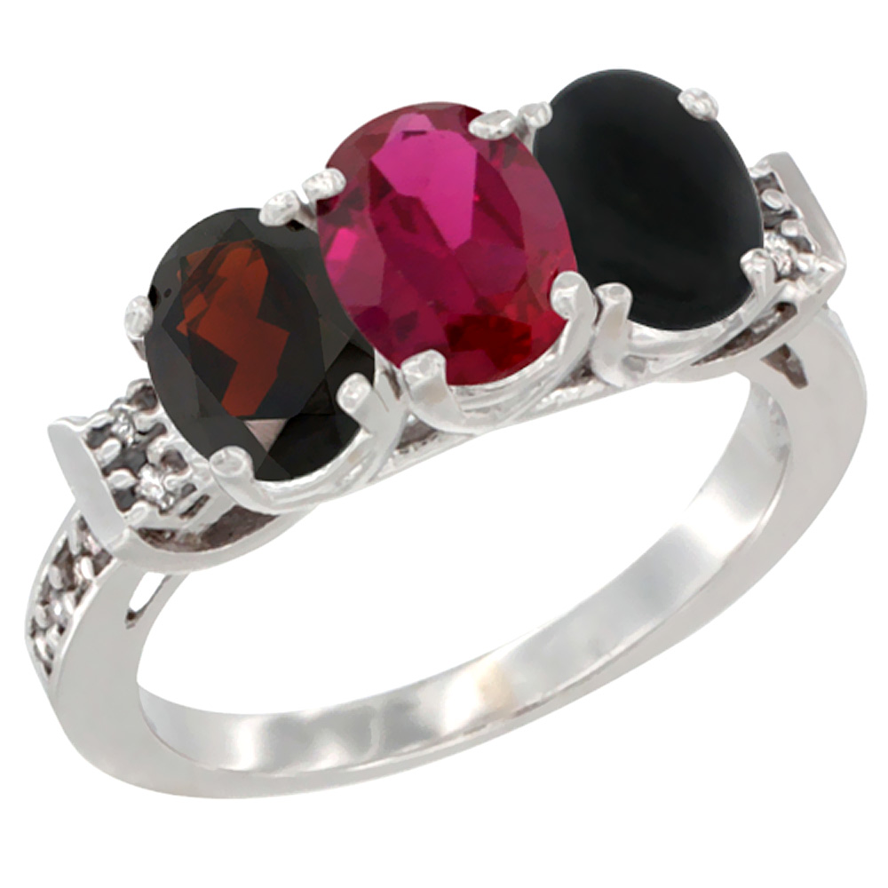 14K White Gold Natural Garnet, Enhanced Ruby & Natural Black Onyx Ring 3-Stone 7x5 mm Oval Diamond Accent, sizes 5 - 10