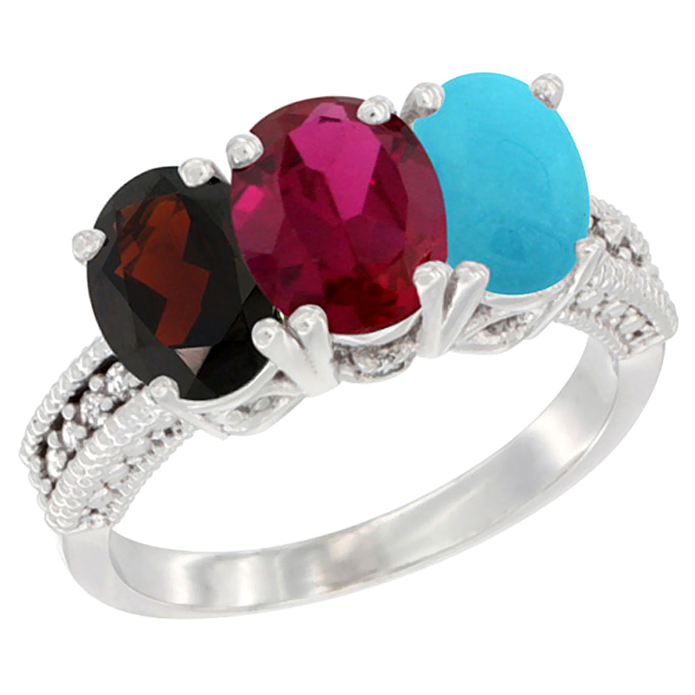 14K White Gold Natural Garnet, Enhanced Ruby & Natural Turquoise Ring 3-Stone 7x5 mm Oval Diamond Accent, sizes 5 - 10