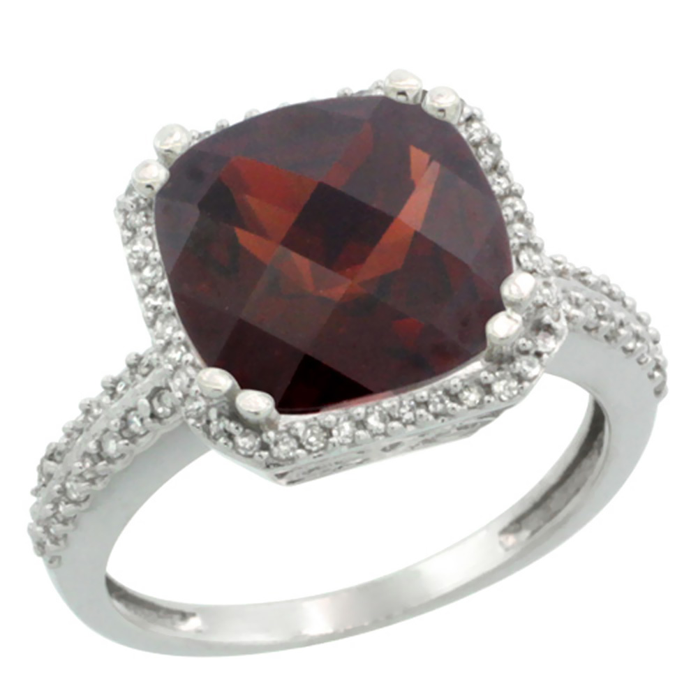 10k White Gold Natural Garnet Ring Cushion-cut 11x11mm Diamond Halo, sizes 5-10