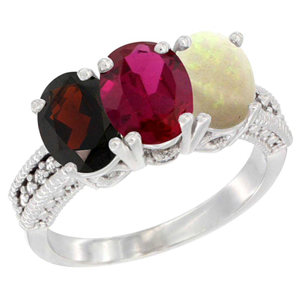 14K White Gold Natural Garnet, Enhanced Ruby & Natural Opal Ring 3-Stone 7x5 mm Oval Diamond Accent, sizes 5 - 10