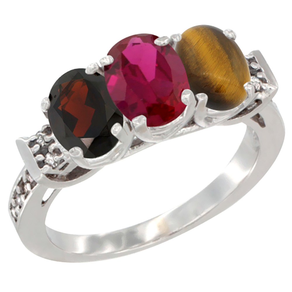 14K White Gold Natural Garnet, Enhanced Ruby &amp; Natural Tiger Eye Ring 3-Stone 7x5 mm Oval Diamond Accent, sizes 5 - 10