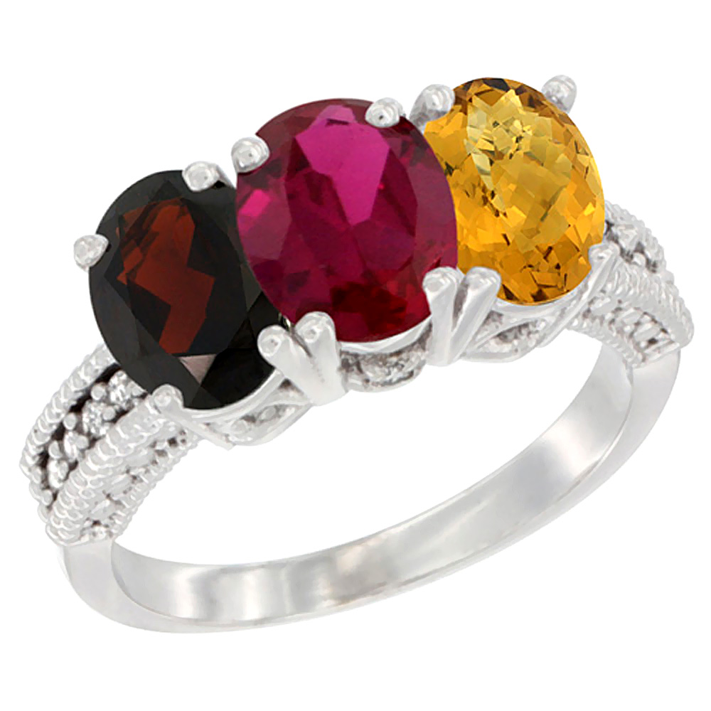 14K White Gold Natural Garnet, Enhanced Ruby & Natural Whisky Quartz Ring 3-Stone 7x5 mm Oval Diamond Accent, sizes 5 - 10