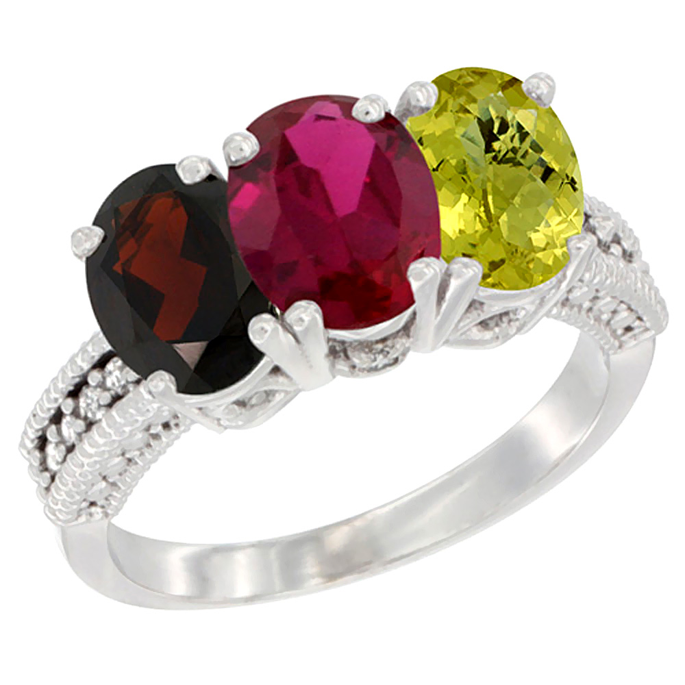 14K White Gold Natural Garnet, Enhanced Ruby &amp; Natural Lemon Quartz Ring 3-Stone 7x5 mm Oval Diamond Accent, sizes 5 - 10