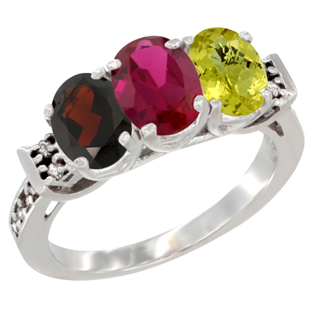 14K White Gold Natural Garnet, Enhanced Ruby & Natural Lemon Quartz Ring 3-Stone 7x5 mm Oval Diamond Accent, sizes 5 - 10