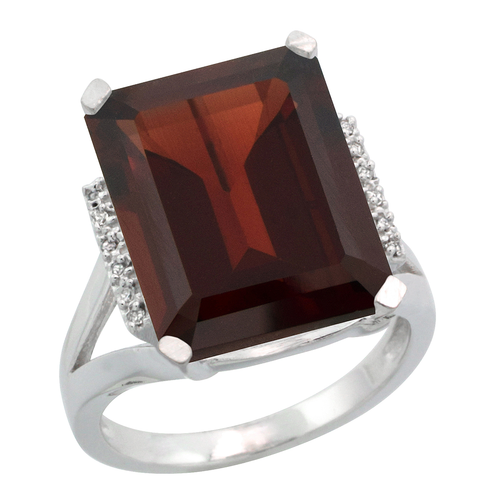 14K White Gold Diamond Natural Mozambique Garnet Engagement Ring Emerald-cut 16x12mm, size 5-10