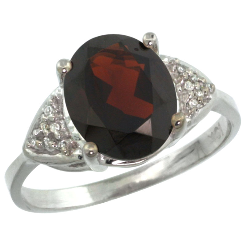 14k White Gold Diamond Natural Garnet Engagement Ring Oval 10x8mm, sizes 5-10