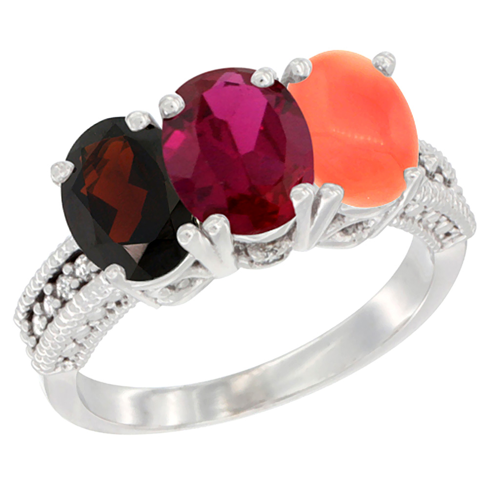 14K White Gold Natural Garnet, Enhanced Ruby &amp; Natural Coral Ring 3-Stone 7x5 mm Oval Diamond Accent, sizes 5 - 10