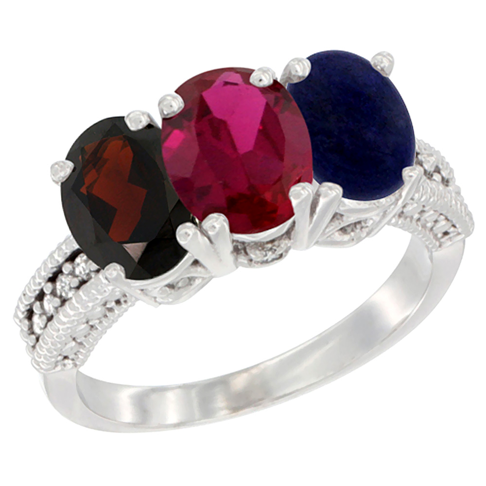 10K White Gold Natural Garnet, Enhanced Ruby & Natural Lapis Ring 3-Stone Oval 7x5 mm Diamond Accent, sizes 5 - 10