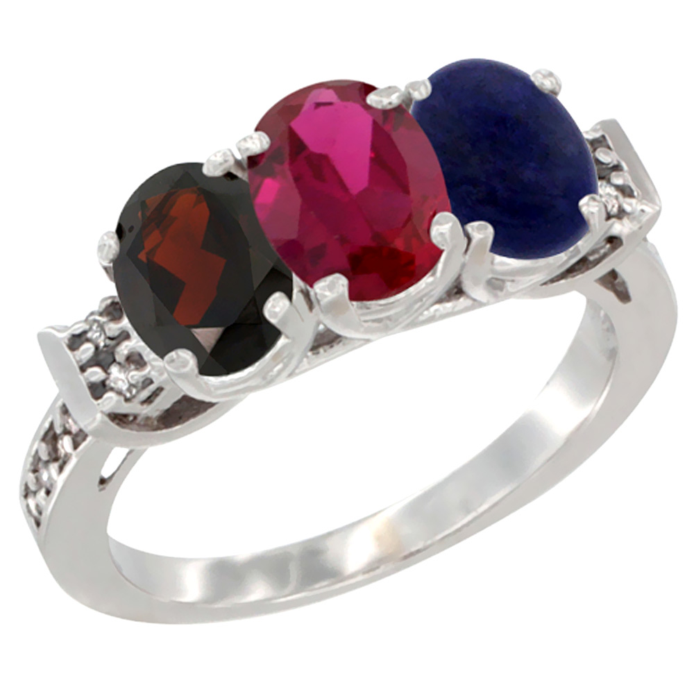 10K White Gold Natural Garnet, Enhanced Ruby & Natural Lapis Ring 3-Stone Oval 7x5 mm Diamond Accent, sizes 5 - 10