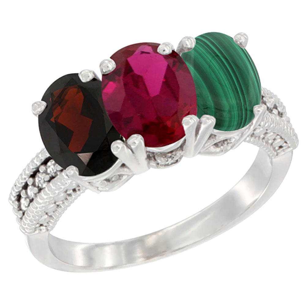 10K White Gold Natural Garnet, Enhanced Ruby & Natural Malachite Ring 3-Stone Oval 7x5 mm Diamond Accent, sizes 5 - 10