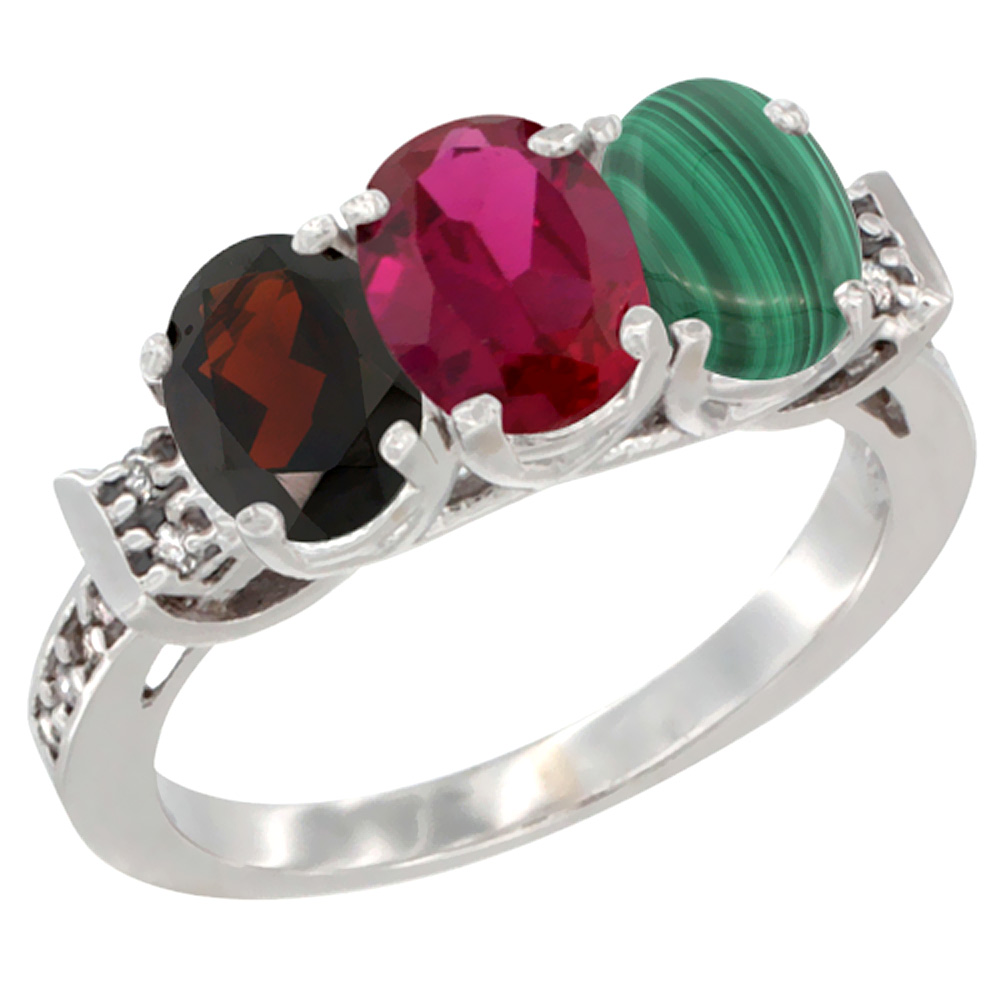 10K White Gold Natural Garnet, Enhanced Ruby & Natural Malachite Ring 3-Stone Oval 7x5 mm Diamond Accent, sizes 5 - 10