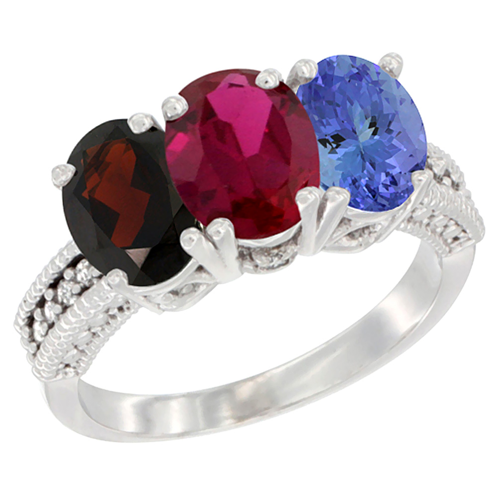 14K White Gold Natural Garnet, Enhanced Ruby &amp; Natural Tanzanite Ring 3-Stone 7x5 mm Oval Diamond Accent, sizes 5 - 10