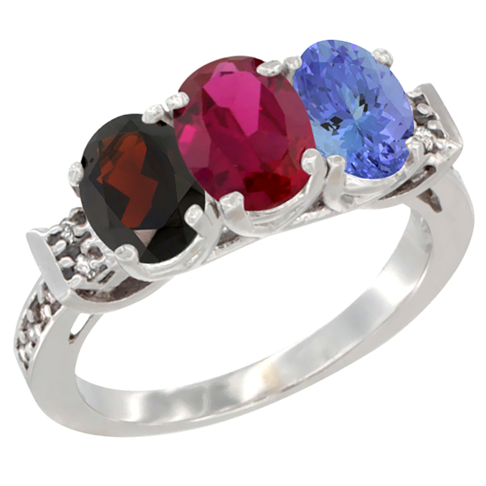 14K White Gold Natural Garnet, Enhanced Ruby & Natural Tanzanite Ring 3-Stone 7x5 mm Oval Diamond Accent, sizes 5 - 10