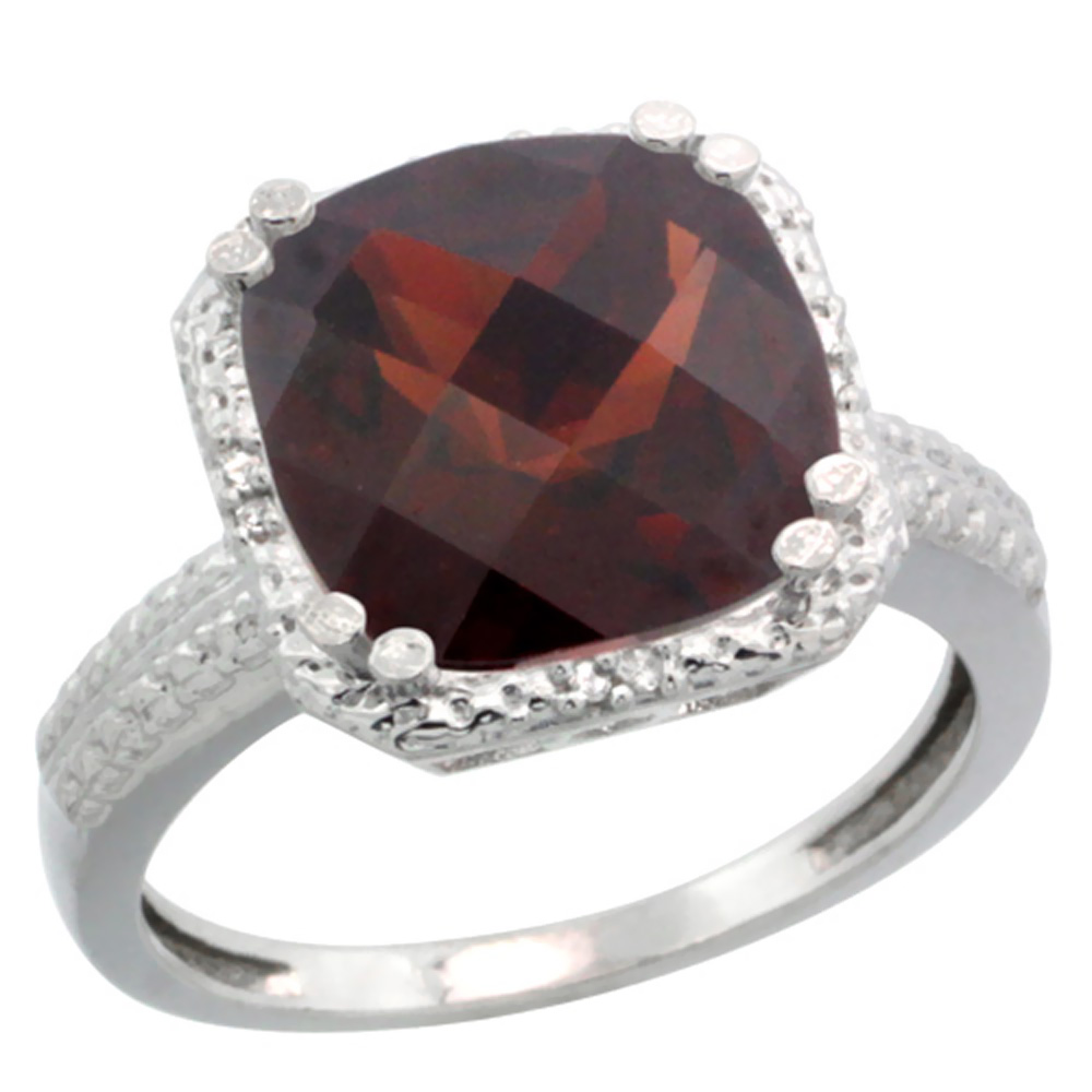 14K White Gold Diamond Natural Garnet Ring Cushion-cut 11x11mm, sizes 5-10