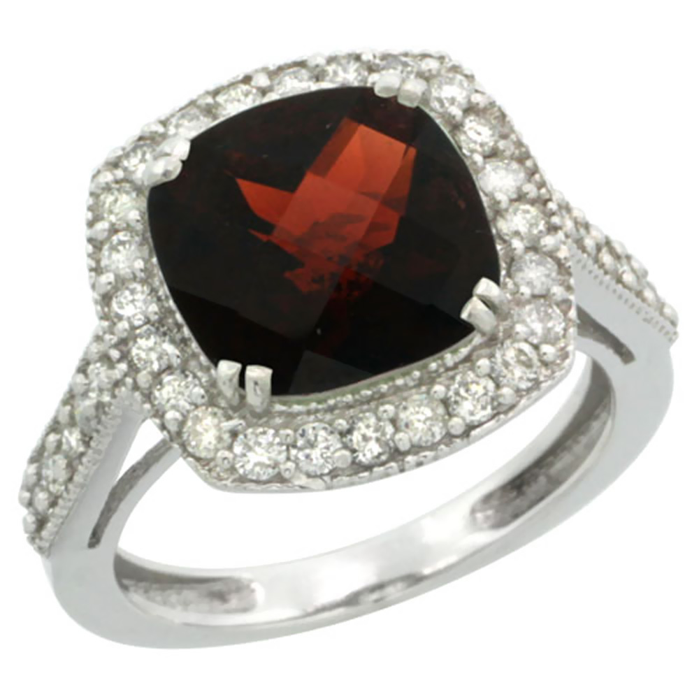 14K White Gold Natural Garnet Ring Cushion-cut 9x9mm Diamond Halo, sizes 5-10