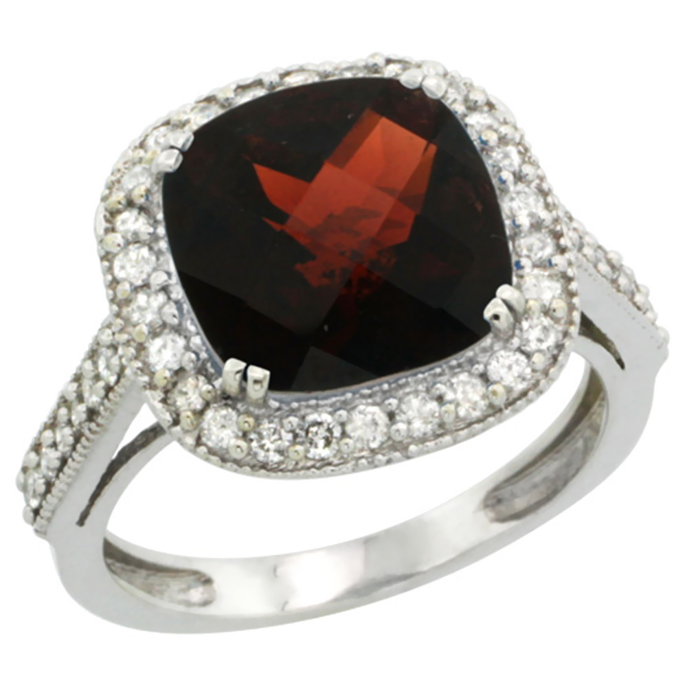 14K White Gold Natural Garnet Ring Cushion-cut 10x10mm Diamond Halo, sizes 5-10