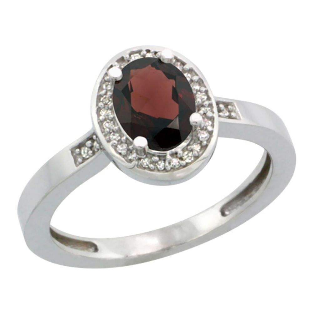 14K White Gold Diamond Natural Garnet Engagement Ring Oval 7x5mm, sizes 5-10