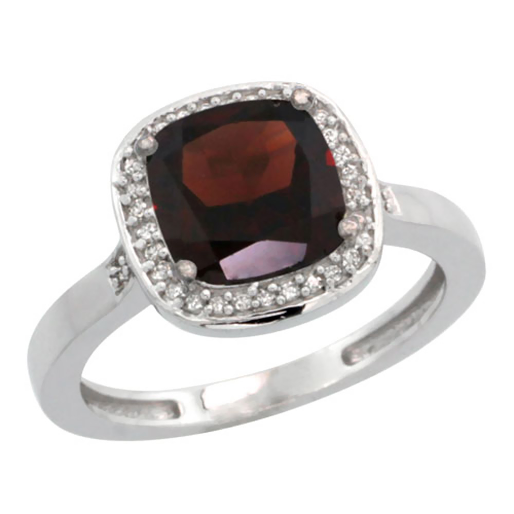 10K White Gold Diamond Natural Garnet Ring Cushion-cut 8x8mm, sizes 5-10