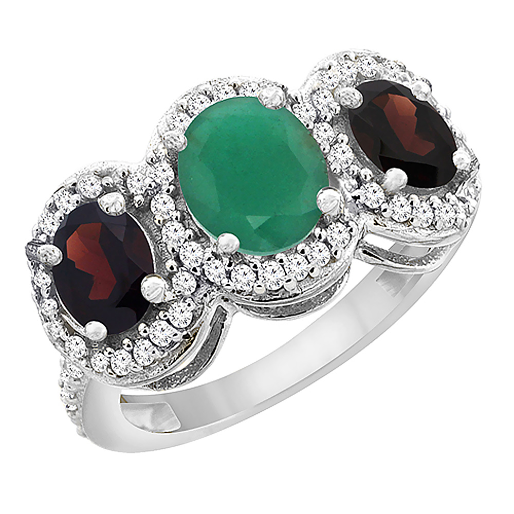 14K White Gold Natural Cabochon Emerald & Garnet 3-Stone Ring Oval Diamond Accent, sizes 5 - 10