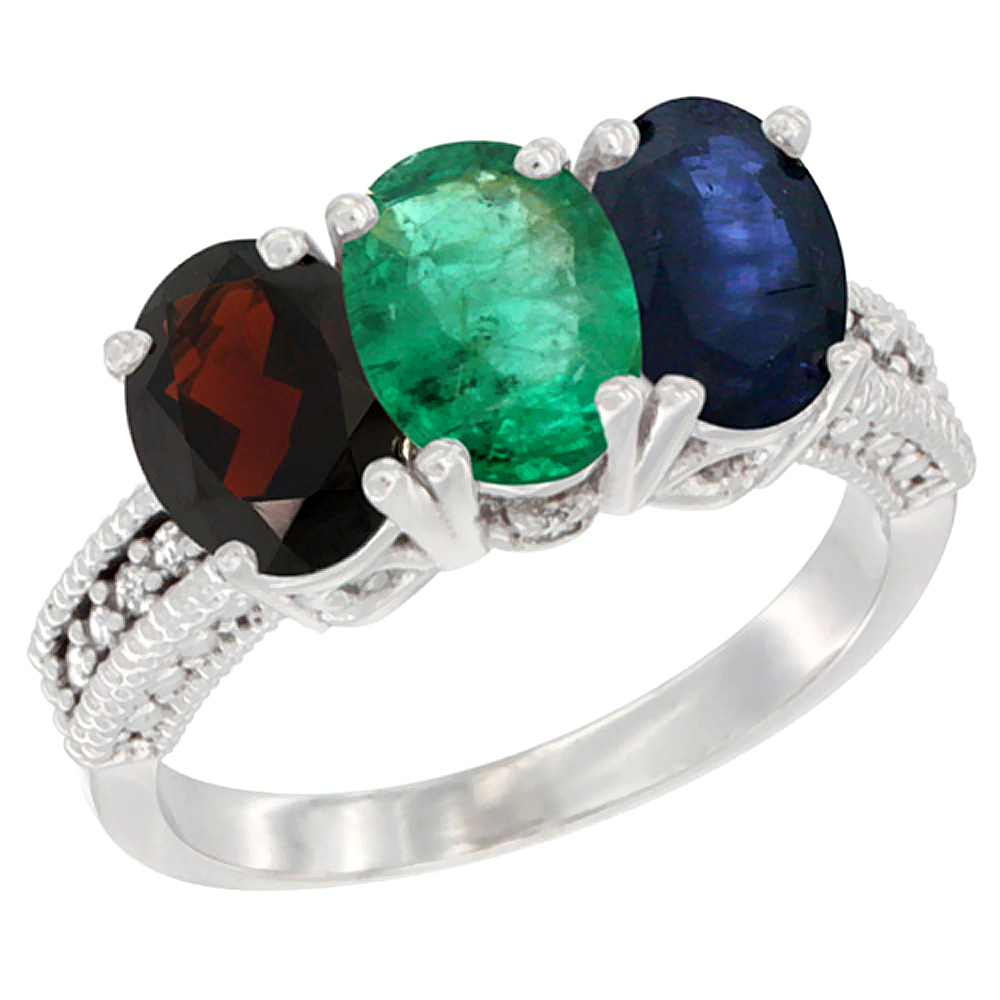 14K White Gold Natural Garnet, Emerald & Blue Sapphire Ring 3-Stone 7x5 mm Oval Diamond Accent, sizes 5 - 10