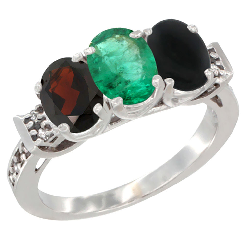 10K White Gold Natural Garnet, Emerald & Black Onyx Ring 3-Stone Oval 7x5 mm Diamond Accent, sizes 5 - 10