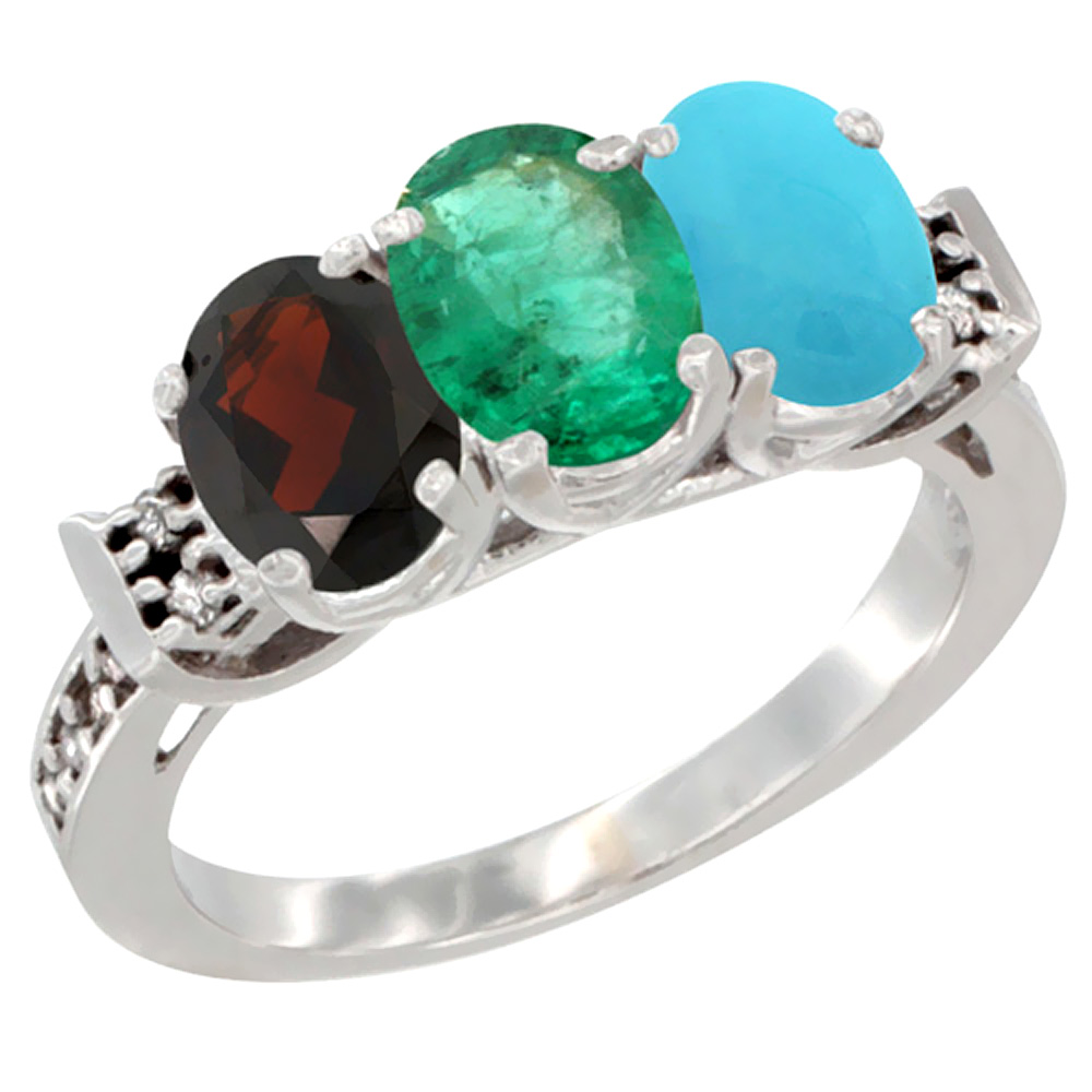 10K White Gold Natural Garnet, Emerald & Turquoise Ring 3-Stone Oval 7x5 mm Diamond Accent, sizes 5 - 10