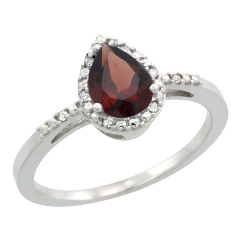 14K White Gold Diamond Natural Garnet Ring Pear 7x5mm, sizes 5-10