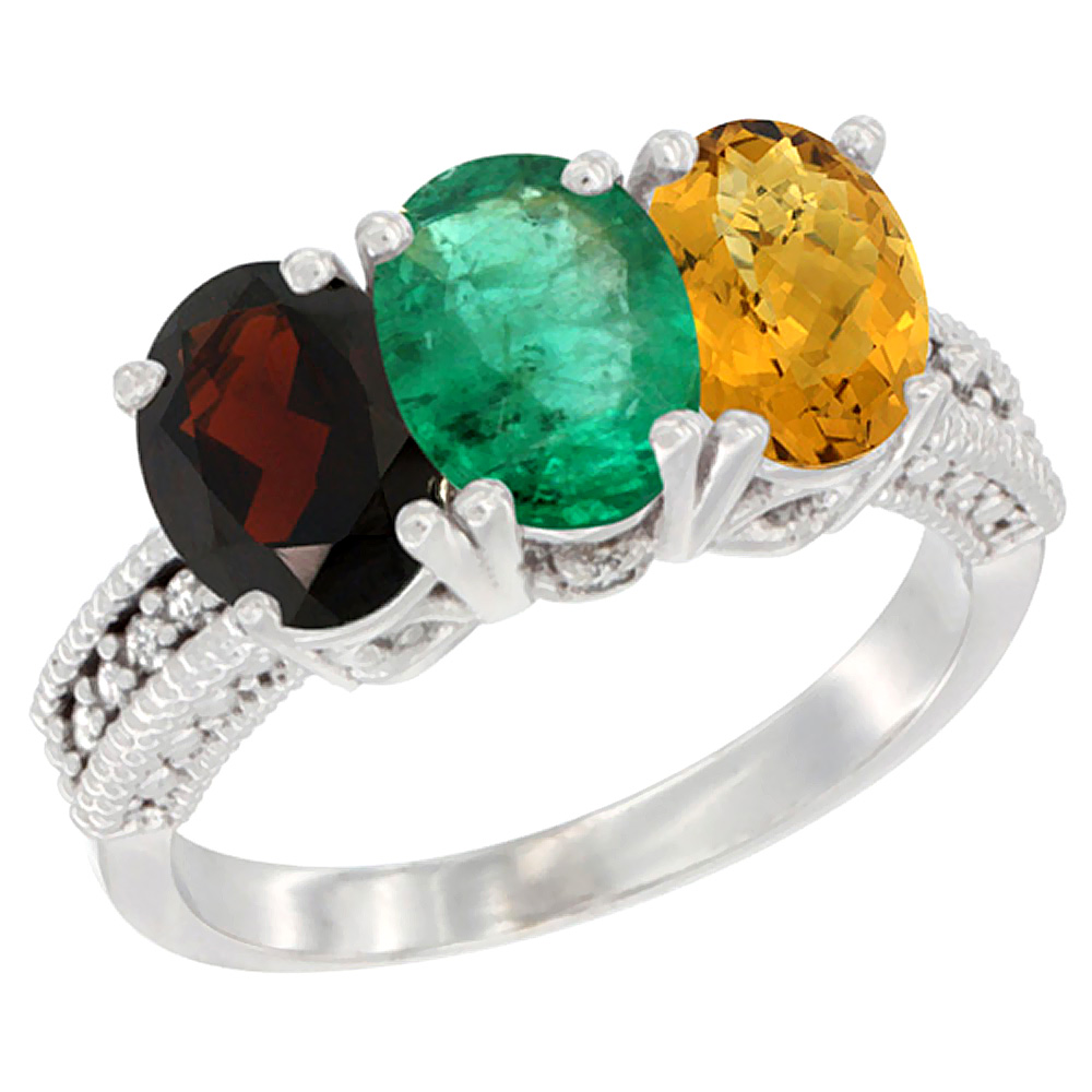 10K White Gold Natural Garnet, Emerald & Whisky Quartz Ring 3-Stone Oval 7x5 mm Diamond Accent, sizes 5 - 10