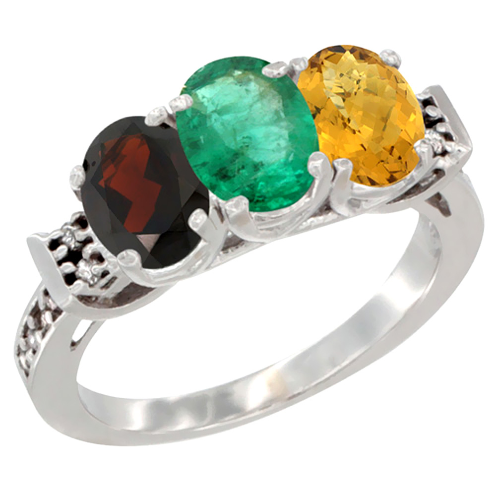 10K White Gold Natural Garnet, Emerald & Whisky Quartz Ring 3-Stone Oval 7x5 mm Diamond Accent, sizes 5 - 10