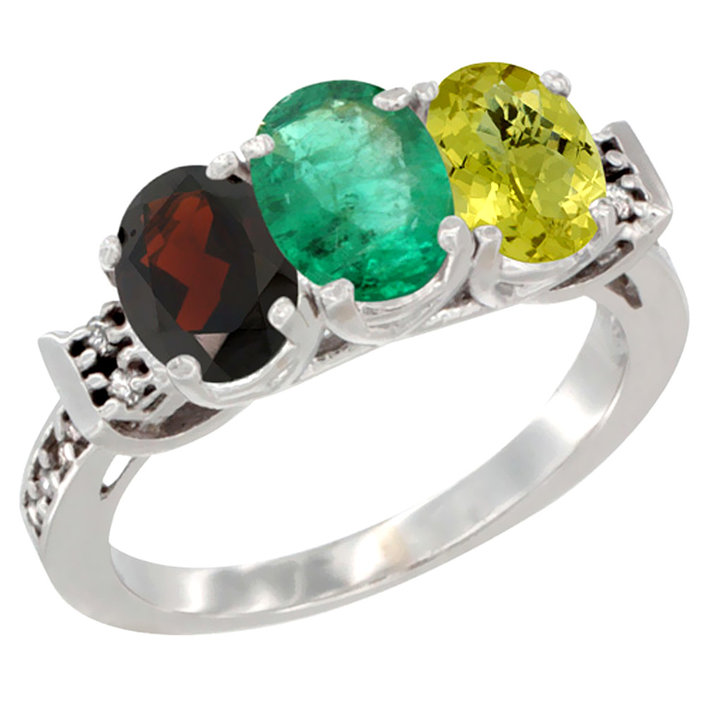 14K White Gold Natural Garnet, Emerald & Lemon Quartz Ring 3-Stone 7x5 mm Oval Diamond Accent, sizes 5 - 10