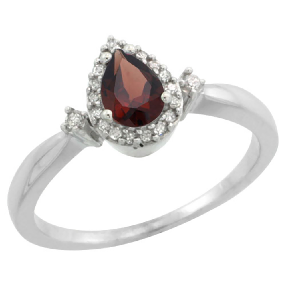 14K White Gold Diamond Natural Garnet Ring Pear 6x4mm, sizes 5-10