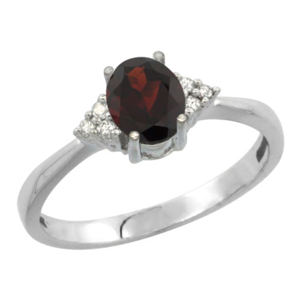 14K White Gold Diamond Natural Garnet Engagement Ring Oval 7x5mm, sizes 5-10