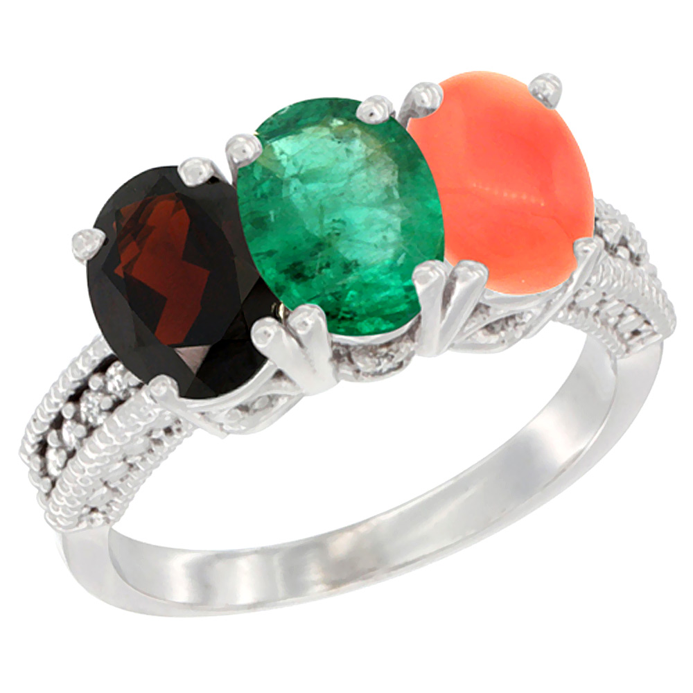 14K White Gold Natural Garnet, Emerald &amp; Coral Ring 3-Stone 7x5 mm Oval Diamond Accent, sizes 5 - 10