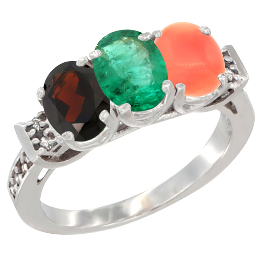 14K White Gold Natural Garnet, Emerald & Coral Ring 3-Stone 7x5 mm Oval Diamond Accent, sizes 5 - 10