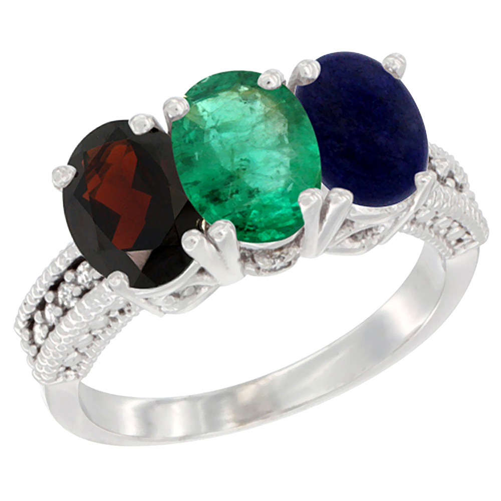 14K White Gold Natural Garnet, Emerald & Lapis Ring 3-Stone 7x5 mm Oval Diamond Accent, sizes 5 - 10