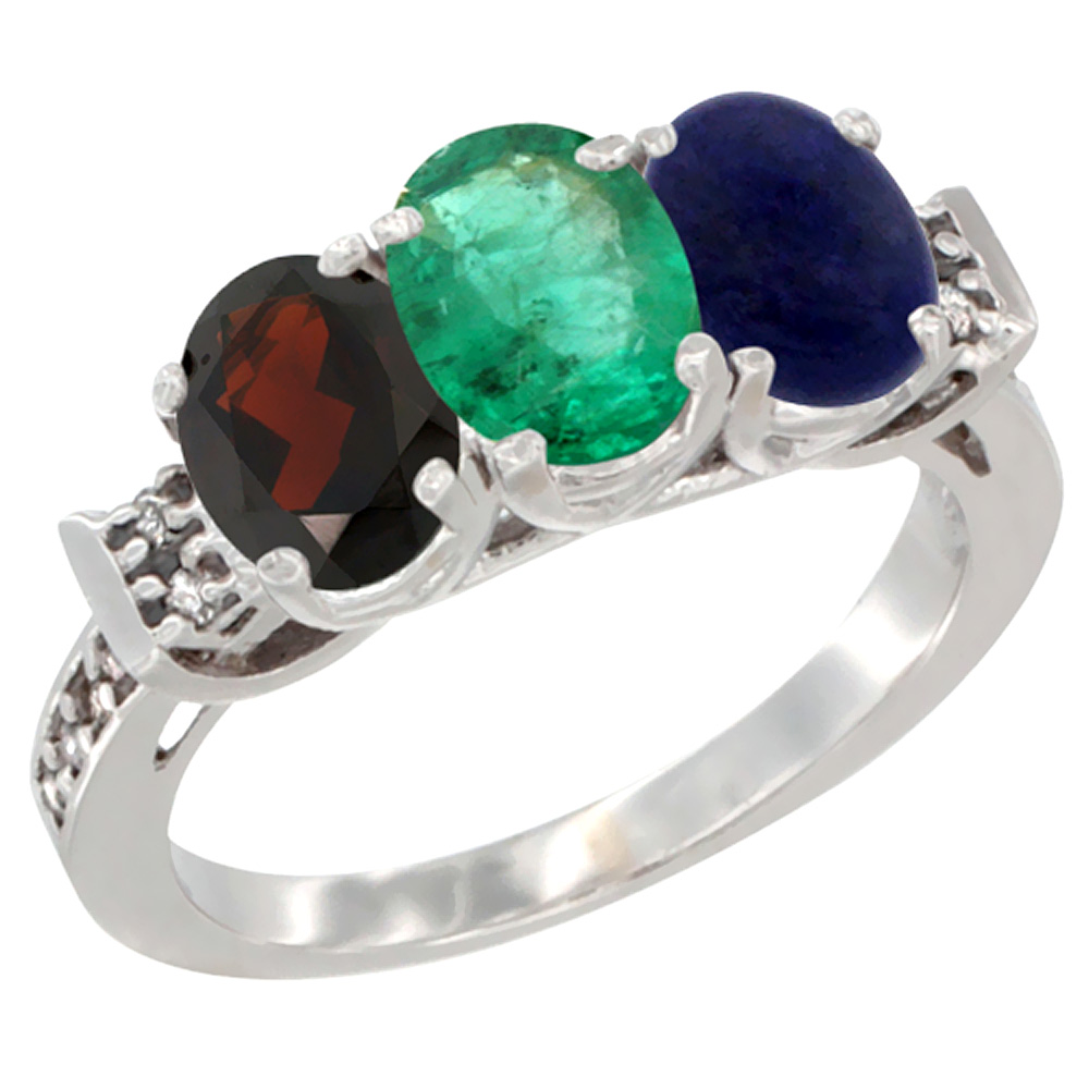 14K White Gold Natural Garnet, Emerald & Lapis Ring 3-Stone 7x5 mm Oval Diamond Accent, sizes 5 - 10