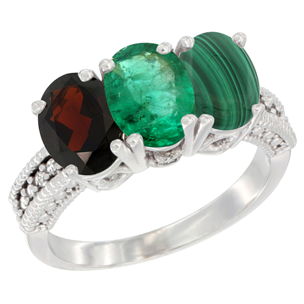 14K White Gold Natural Garnet, Emerald & Malachite Ring 3-Stone 7x5 mm Oval Diamond Accent, sizes 5 - 10