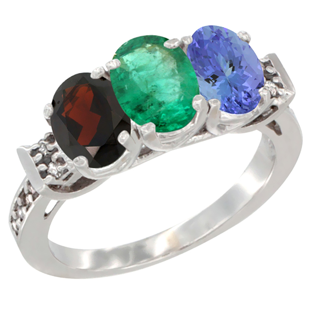 10K White Gold Natural Garnet, Emerald & Tanzanite Ring 3-Stone Oval 7x5 mm Diamond Accent, sizes 5 - 10