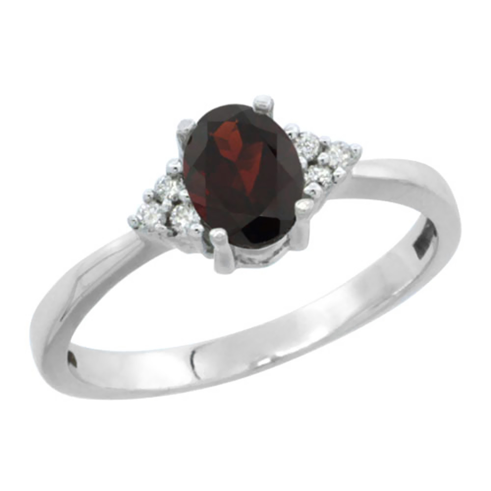 14K White Gold Natural Garnet Ring Oval 6x4mm Diamond Accent, sizes 5-10