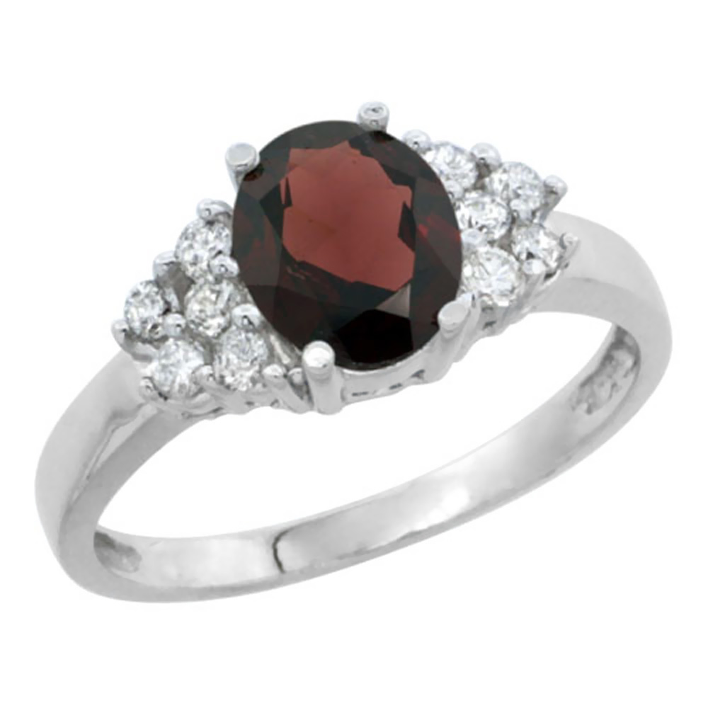 14K White Gold Natural Garnet Ring Oval 8x6mm Diamond Accent, sizes 5-10