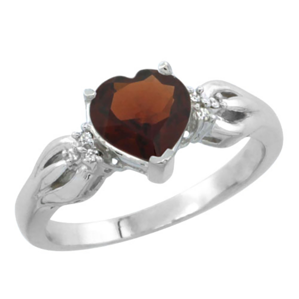 14K White Gold Natural Garnet Ring Heart-shape 7x7mm Diamond Accent, sizes 5-10