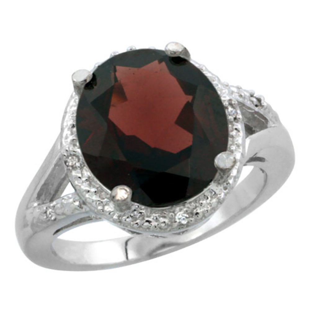 14K White Gold Natural Garnet Ring Oval 12x10mm Diamond Accent, sizes 5-10